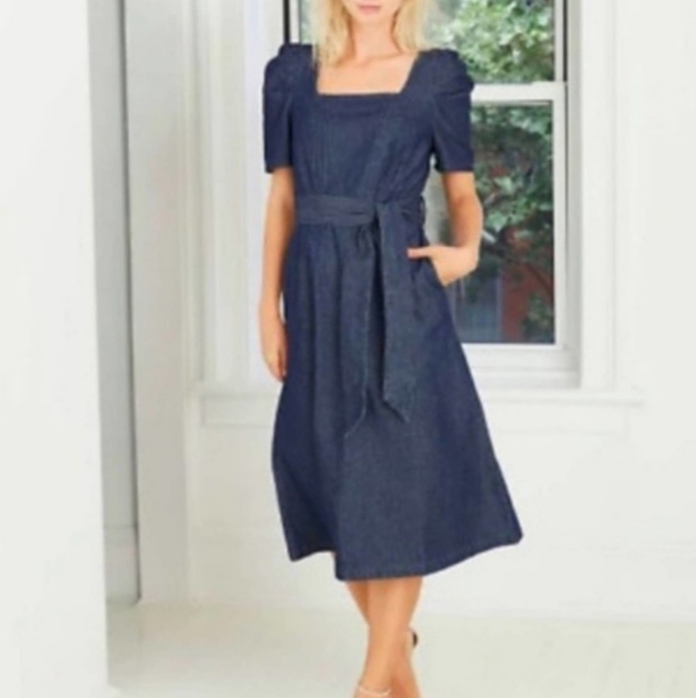 Who What Wear Denim Midi Dress Square Neck Puff Sleeve with Pockets
